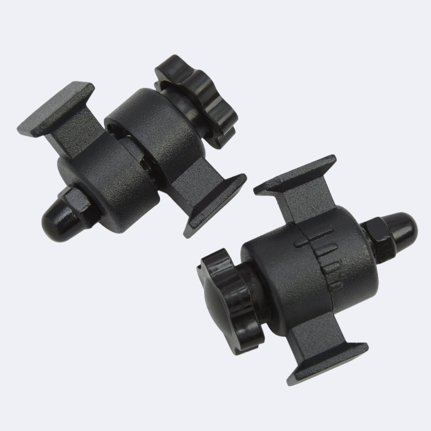 Edge Articulating mounts, set of 2. Pictured closeup showing adjustment knob and positioning notches. One is loosened to show inner adjustment mechanism, the other is tightened up.