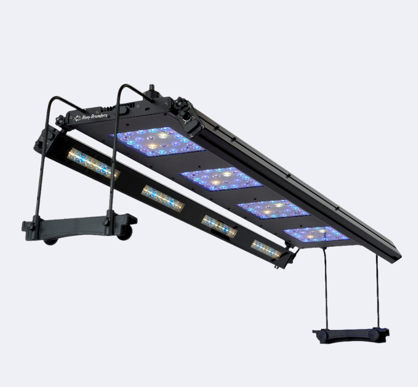 Meridian 45 LED light suspended with side mounting legs, showing 2 edge 45 bars attached angled inwards. Optional manual controller on top of light.