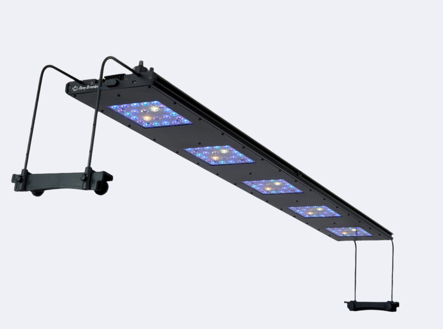 Meridian 63 LED light pictured from a downwards angle. Optional side of tank mounts and manual controller shown.