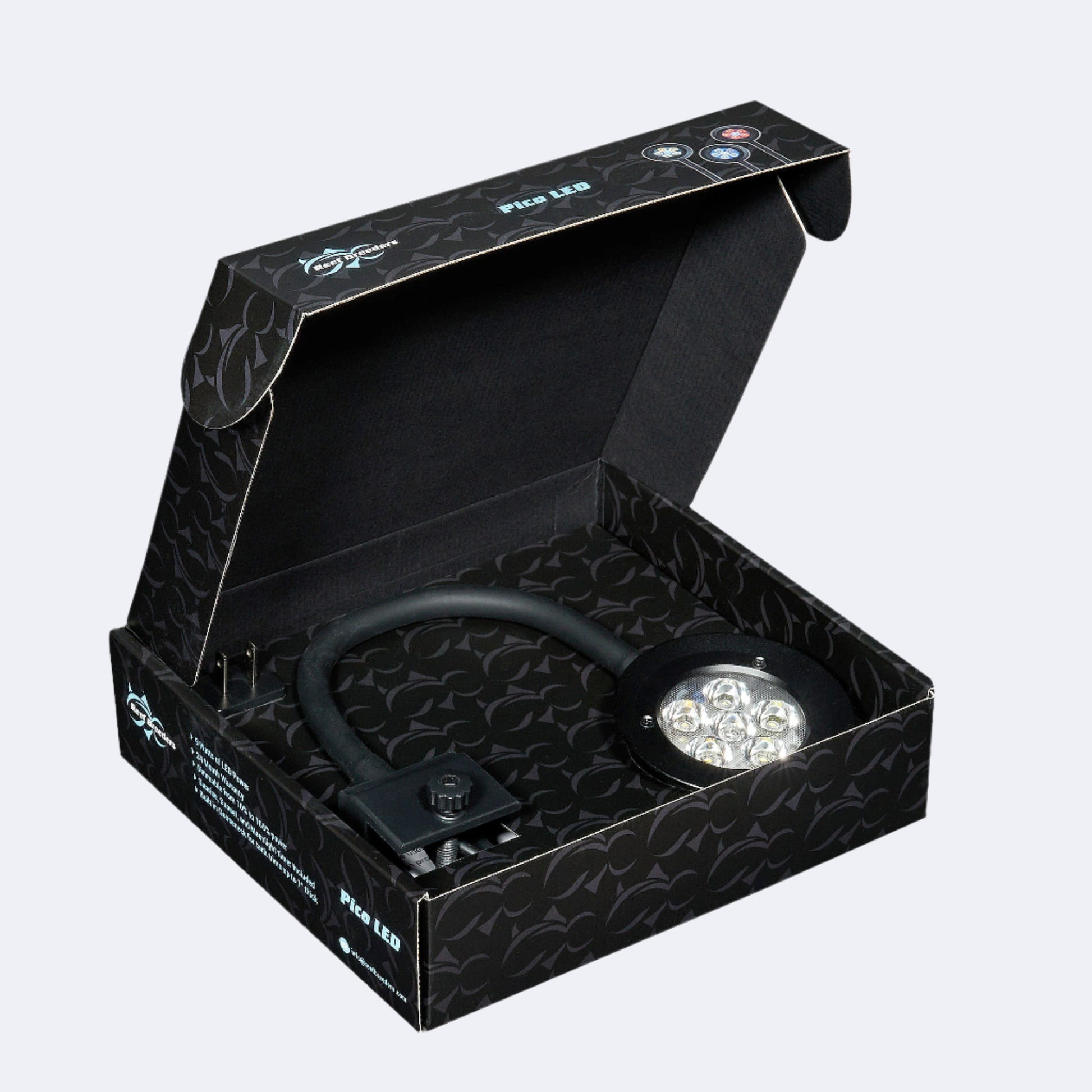 ReefBreeders Pico LED retail box open to show inner 100% recyclable packaging