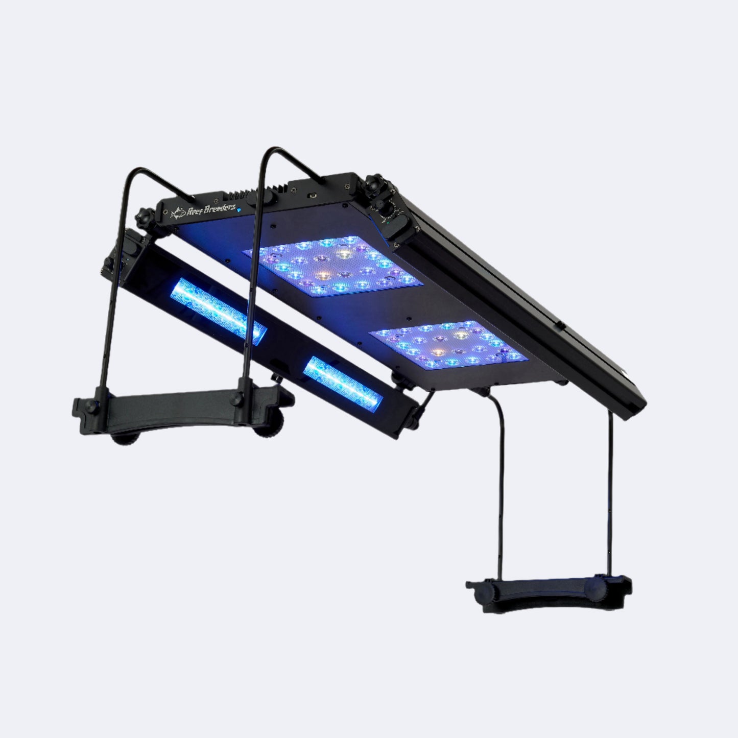 Meridian 24 aquarium light with 2 edge 24 bars attached. Edge bars are angled inwards. Optional side of tank mounts and manual controller are attached.
