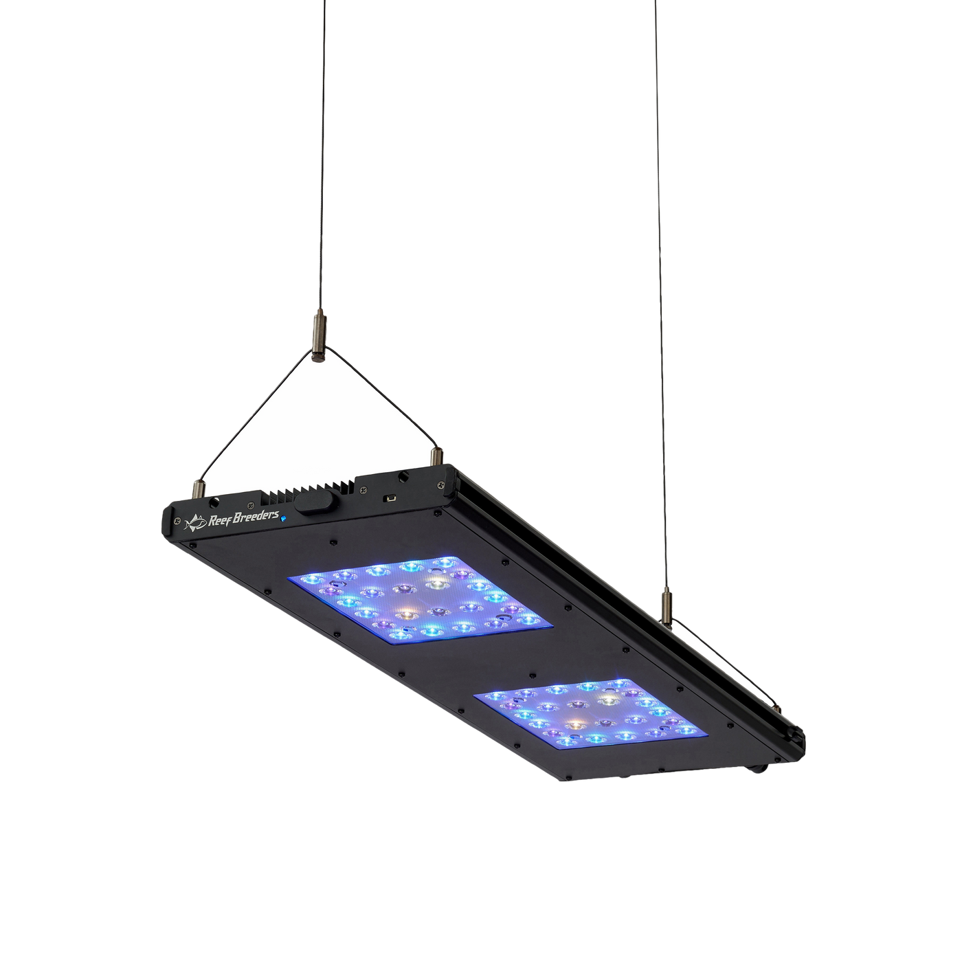 A Meridian 24 suspended over an aquarium on hanging wires, viewed from below at an angle.