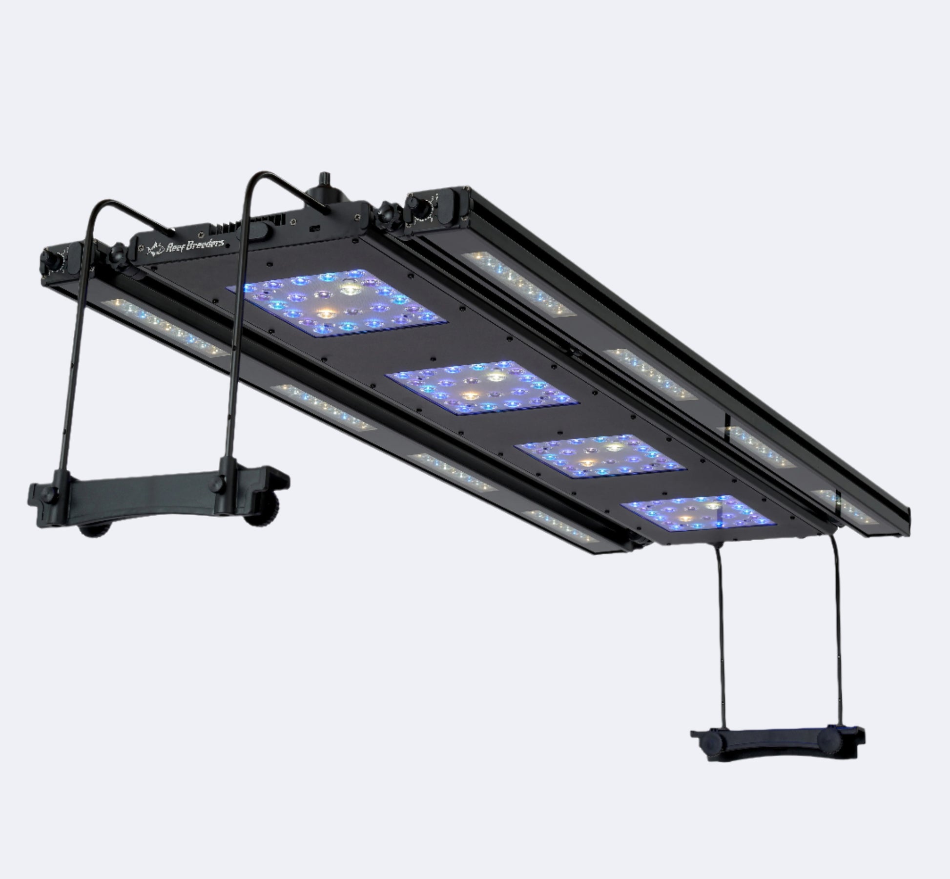 Meridian 45 LED light suspended with side mounting legs, showing 2 edge 45 bars attached pointed straight down. Optional manual controller on top of light. 