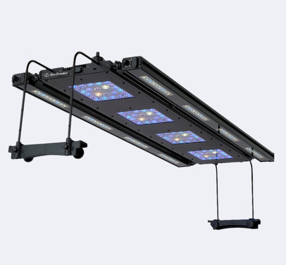 Meridian 45 LED light suspended with side mounting legs, showing 2 edge 45 bars attached pointed straight down. Optional manual controller on top of light. 
