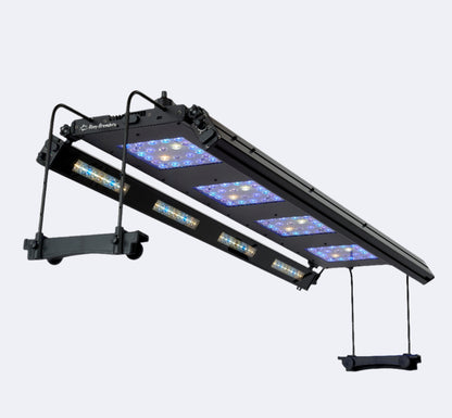 Meridian 45 LED light suspended with side mounting legs, showing 2 edge 45 bars attached angled inwards. Optional manual controller on top of light. 