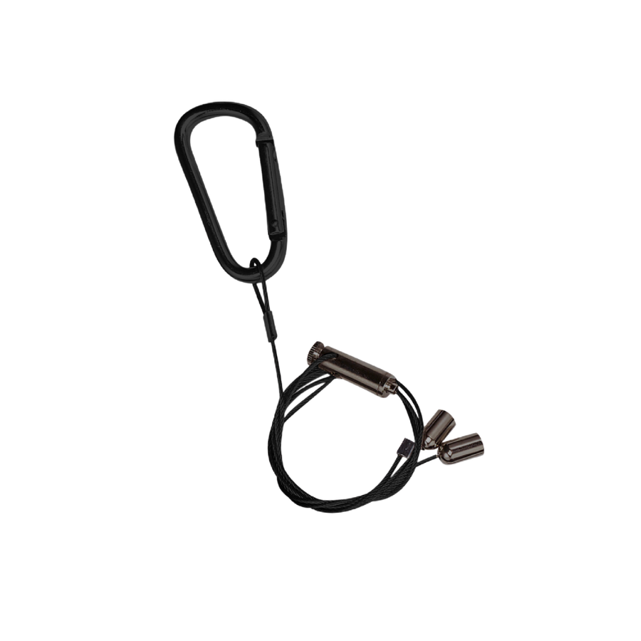 A single Meridian hanging wire assembly showing the carabiner, cable lock and two capped cable ends.
