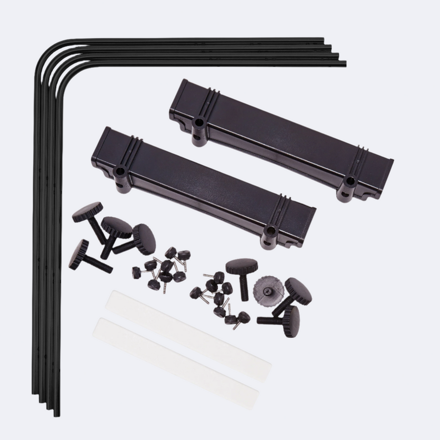 The black side of tank mount kit laid out: four L-shaped leg bars, two U-clamps and the screw set.